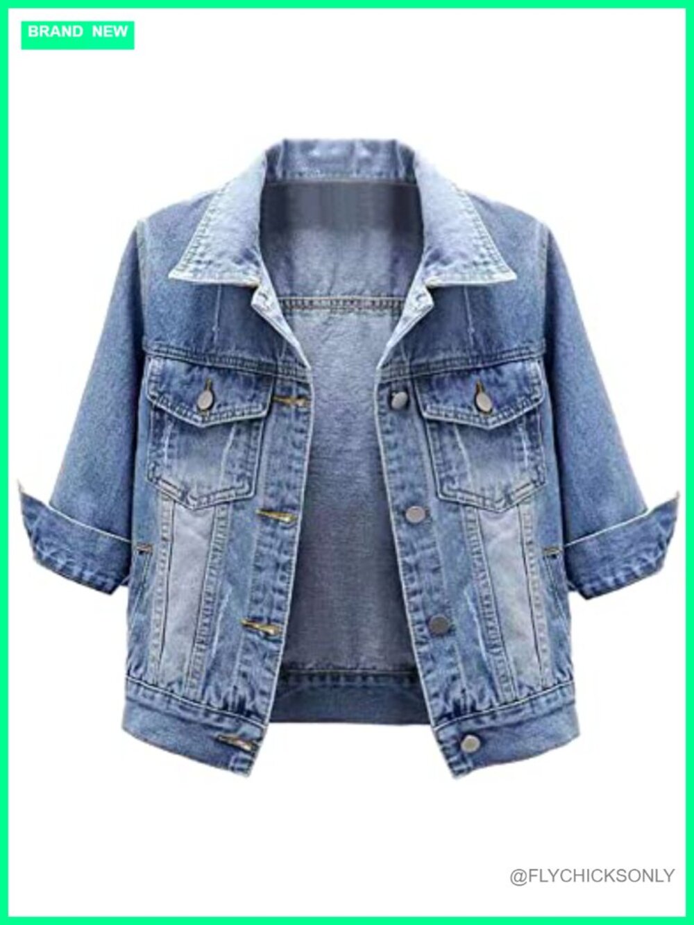 Womens Cropped Denim Jacket 3/4 Sleeve Button Down Trucker Jean Coat